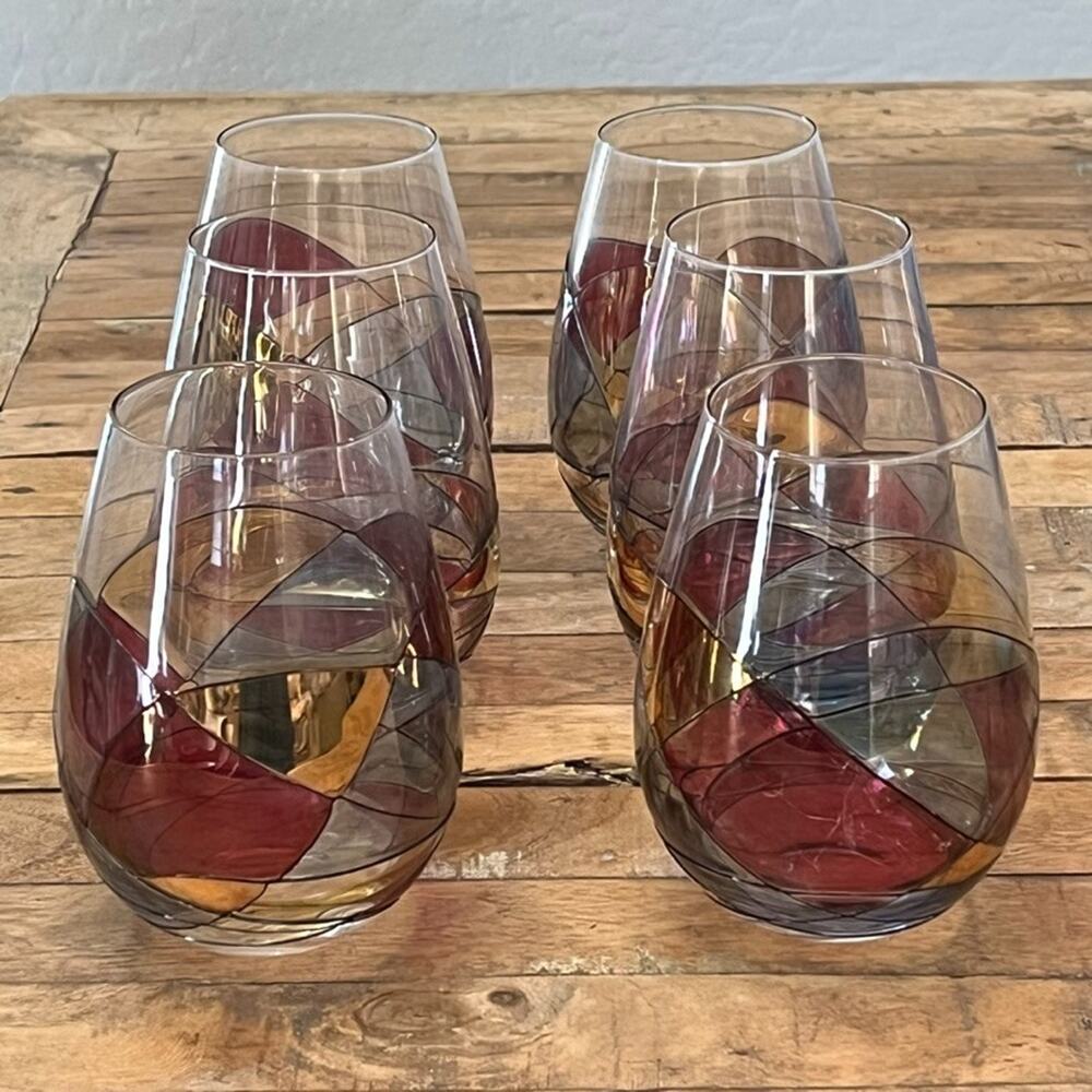 Cornet Barcelona Sagrada Stemless Wine Glasses 5.5" Set of 6 Hand-Painted